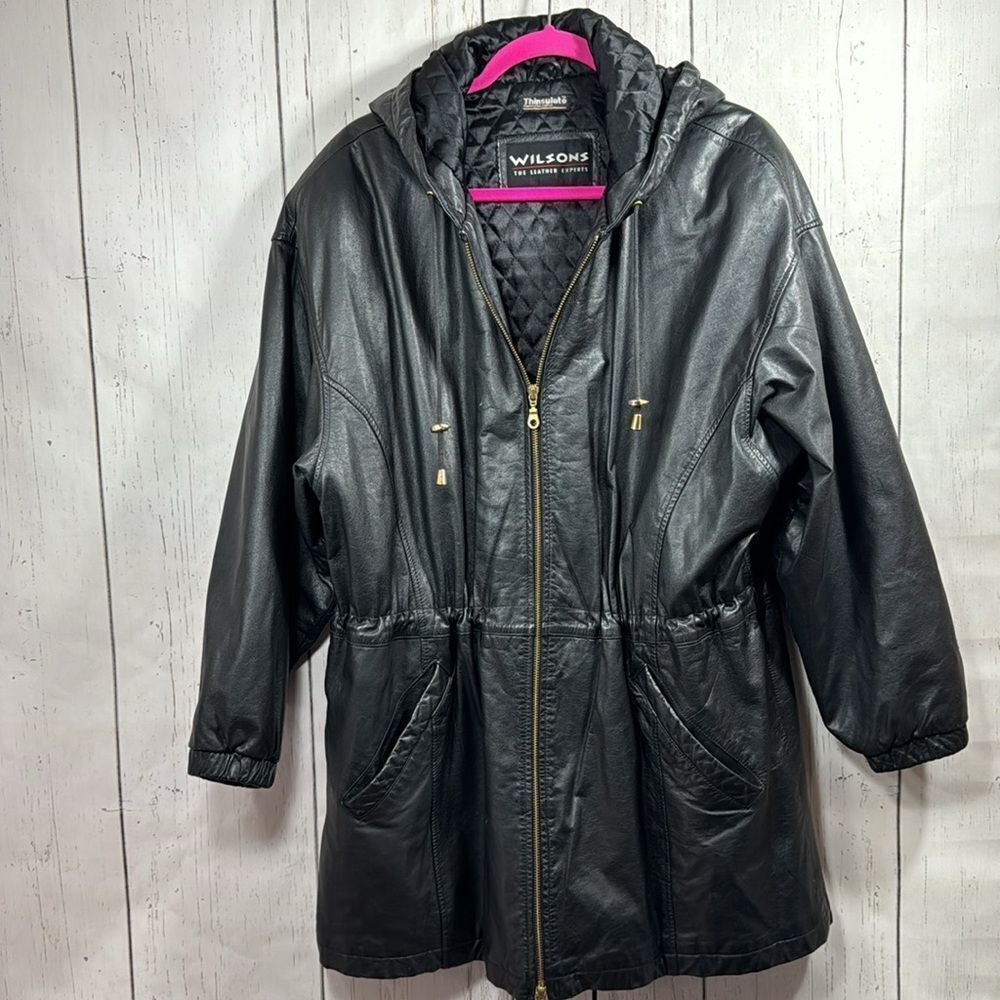 Vintage Wilsons Leather Hooded Black Jacket 90s Thinsulate Insulated Parka Retro